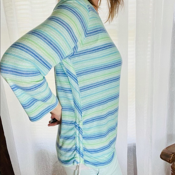 Talbots Striped Turquoise Blue Ruched 3/4 Sleeve - Picture 2 of 8
